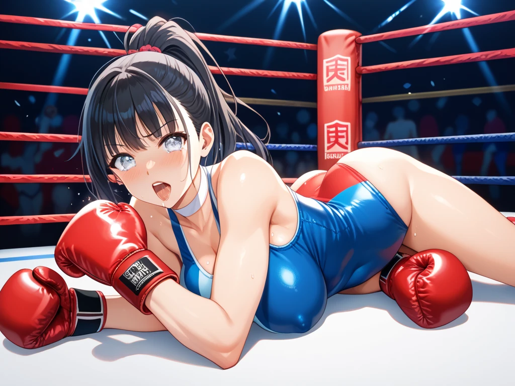 (1loli girl:1.4),(fighter:1.2), (medium hair, side-ponytail),straight hair, dark red hair,dark red eyes, large breasts, hair scrunchie, (cheeky),((half-closed eyes)),look down, ((She wears (dark red competition swimsuit)), Boxing Gloves, looking at viewer, (((standing))), fighting stance, (wrestling ring),(masterpiece, best quality, 8K:1.3), (ultra-detailed, high resolution:1.2),(illustration),((an extremely delicate and beautiful)),(detailed background),
