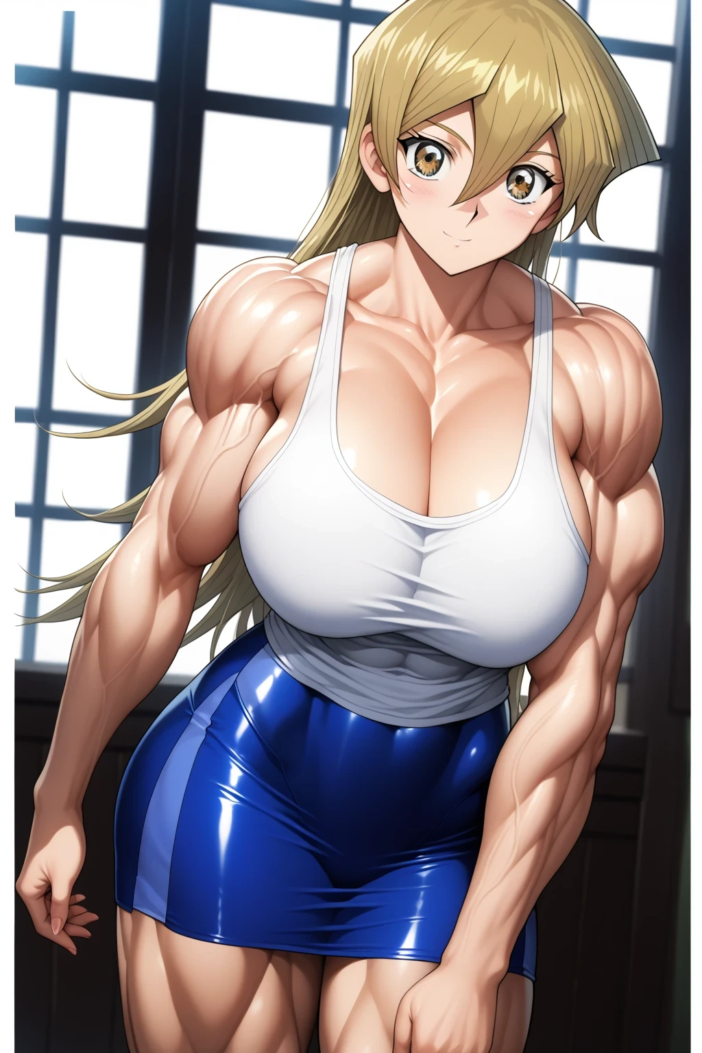 1girl, , evil_smile, micro_bikini, room, looking at viewer, thick quads, Muscular, (BodyBuilder:1.2), masterpiece, best quality, highres, lucy heartfilia, blonde hair, large breasts, black thighhighs, midriff, cropped vest, strapless, belt, black skirt, , cowboy shot, indoors, standing, closed fists, outdoors, town, house