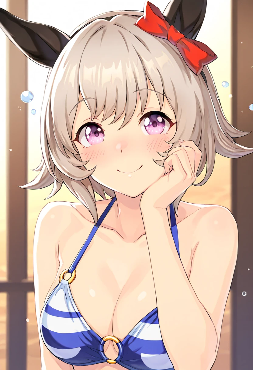 curren chan \(umamusume\), masterpiece, best quality, ((ultra-detailed face)), (muscular girl), abs, upper body, plain bikini, horse tail, pool, smile, detailed clear eyes, frontage
