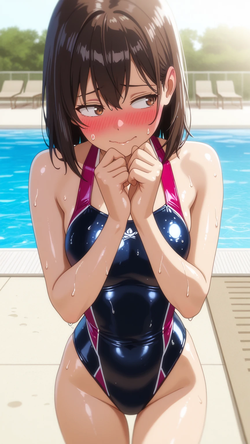 Highest quality,masterpiece,Sexy Swimwear,School swimming pool,,Black Hair,Classmate,Smiling and teasing the boys,Nearly naked