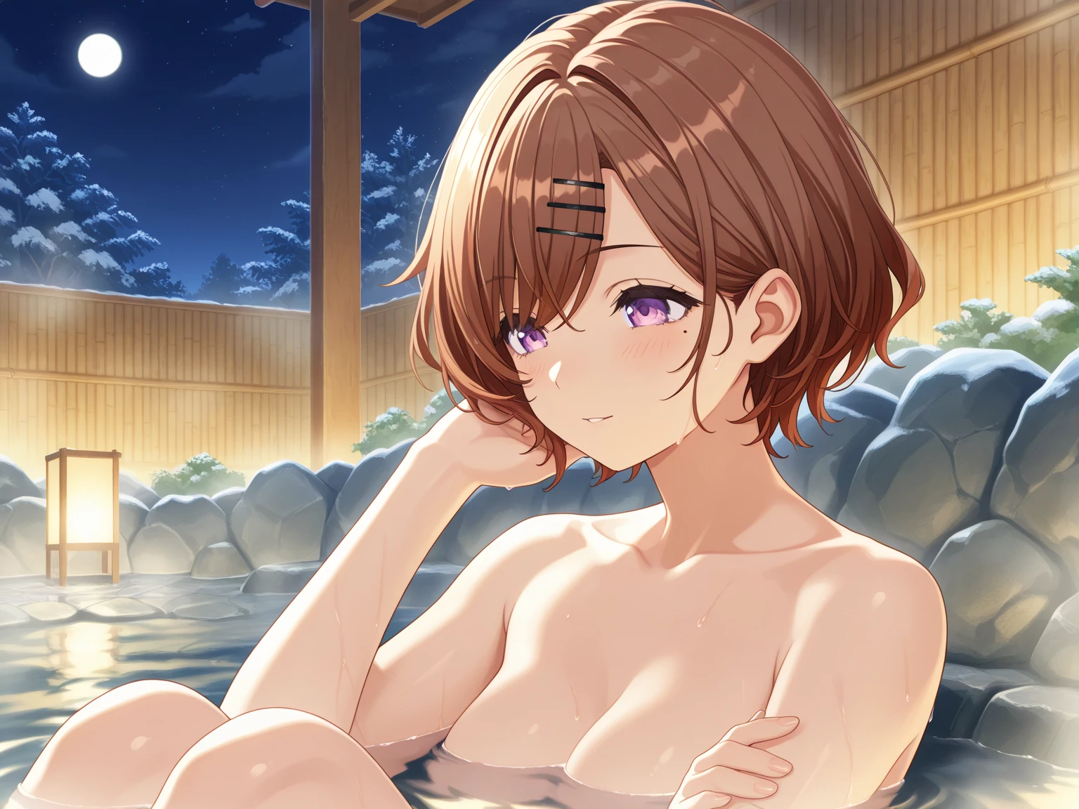 (top-quality:1.1), (​masterpiece:1.4), (absurderes:1.0), portlate, Best Quality, 超A high resolution, Full nude, Sailor Uranus, 1little girl, Looking at Viewer, Natural Skin Texture, Realistic eye details, KizukiAi, Aqua Eye, deep red hair, Bangs, Straight hair、ultra-short hair, Ahoge, A smile, (red blush:1.2), closes mouth, Full nude, Beautiful legs, Full nude, Kawaii Girl, Glamour body, Smooth beautiful legs, 爆乳, Beautiful nipples and areola, Sensual Pose, hot onsen, Rock bath, (Detailed background), fullnude, 爆乳, beutiful breast、Beautiful nipples and areola, Full nude, Female genitalia are clearly visible, Full nude, Open your legs wide, Seated Pose, Arms behind your back, Do not hide the pubic area with your hands, frombelow, depth of fields