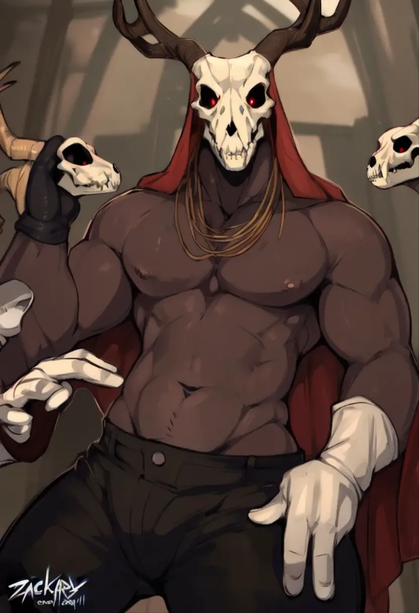 (by zackary911, anime) anthropomorphic, solo, human anatomy, skinny muscles, lean, fit body, naked, nude, abs, biceps, adult, tall, mature, anthro, lean, anime, (elias ainsworth, shirtless, horns, skull mask, canine skull, red eyes), (pants, veil, white gloves, gloves)
