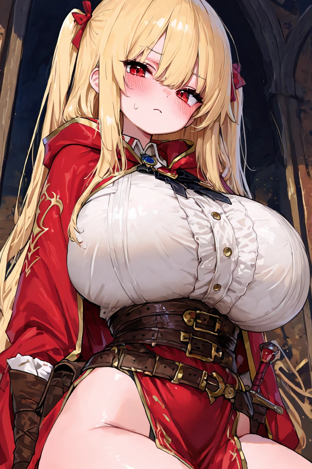 ((masterpiece)), ((highest quality)), Official Art, Beautiful Shadows, One person Blonde hair, blue eyes , A hairband holding the bangs in place, Holding a scythe, Red particles on the sickle, Red scythe, Green scarf around the neck, Hair above the eyes, (((Bursting huge breasts)))Sexy is, Fascinating breasts, Slutty Lingerie, ,Ovum eruption,covered with milk,Multiple huge Full nudity Multiple Eruption of sexual fluid Saliva eruption a large amount of milk Multiple surnames Sexual fluid squirting Eruption of breast milk Synthesize multiple breasts Multi-person synthesis Licking around Eyes are hearts Have multiple breasts A chest that doesn't fit Uninterrupted sexual fluid Multiple surnames Body becomes covered in milk sex ejaculation Orgy Big Ass Squeezing genitals between large breasts Dripping fluid from the mouth sperm all over the body Climax Extremely thick thighs Close-up