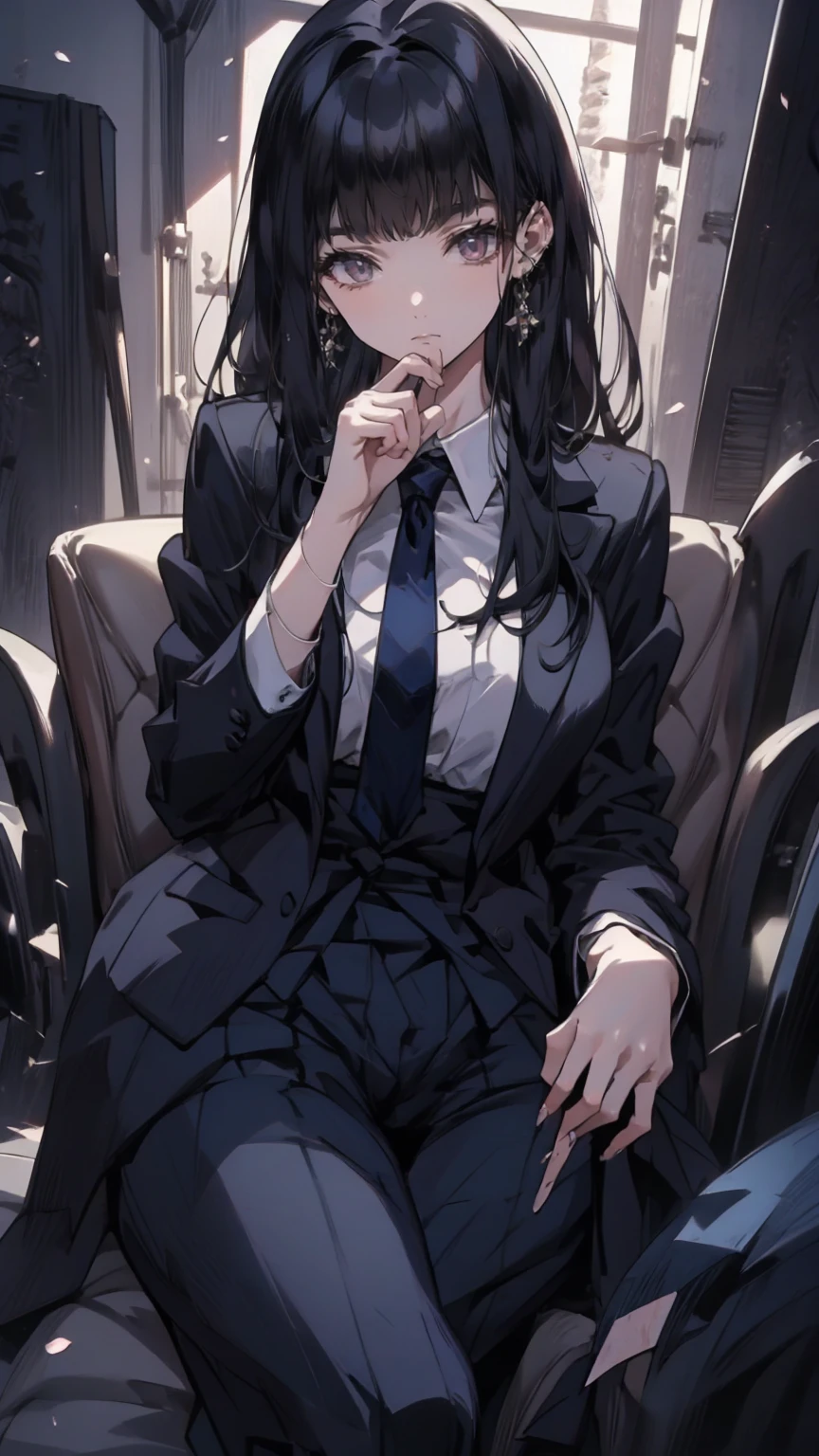 Realistic, Real person, (Pale skin: 1.2), RAW Photos, Realistic, Portrait Photography, Shiny skin, Japanese Idols、Shiny Hair、(A 33-year-old woman with medium-length hair and bangs) and (Wavy Hair) and (Brown Hair) and (Purple eyes) , (Black suit:1.5) and(White collared shirt)and (blush)and(glaring)The background is an office hallway.alone、Sit with your legs open、(Sitting)and(open legs)and(Beautiful five-fingered hands touch the floor)