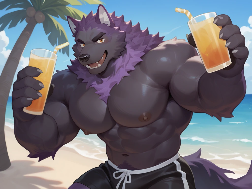 embedding:black wolf, male,purple eyes,Scar on the face, scar on the body,Single Person,sunglasses,Improper，With a watermelon in his hand.Black fur,The fur on the chest and abdomen is white.A swimsuit,Beach Pants，Mature, The highest quality of scene detail,adult,Tall and powerful,muscle，Best quality hands, best quality eye，detailed fur，Delicate eyes.Extreme picture quality，by sollyz,by zixiong,by milkytiger1145