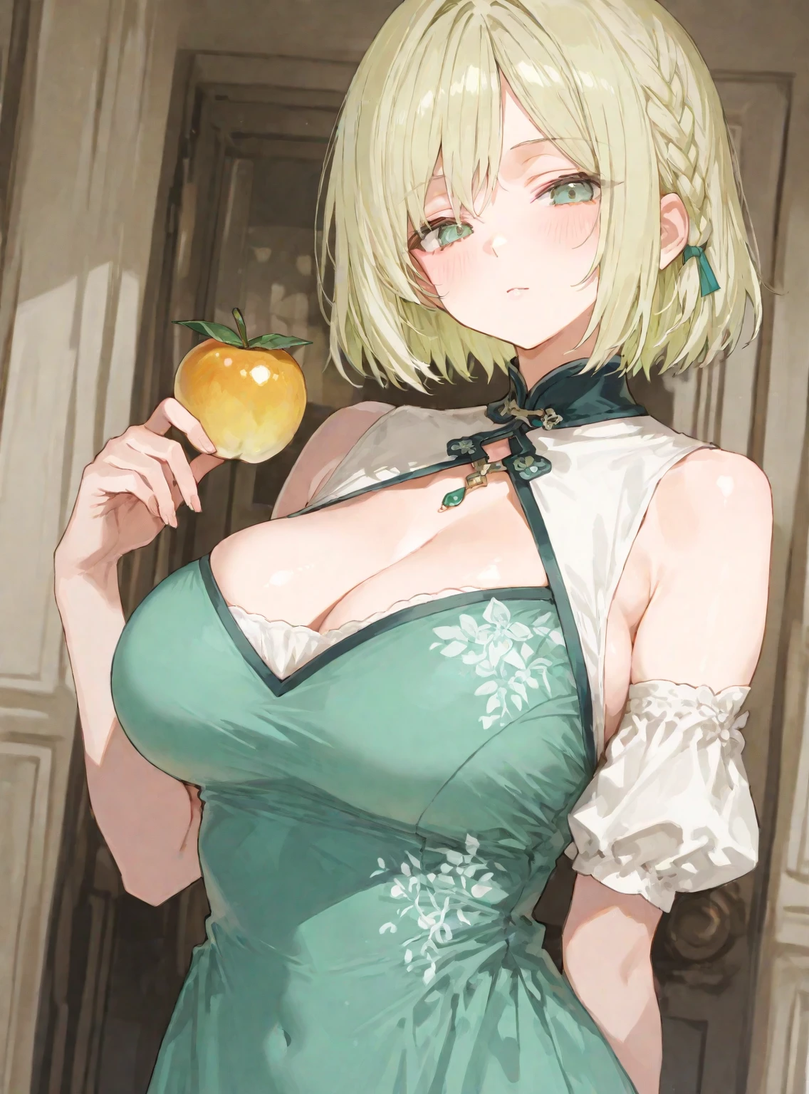 Length: 170cm Weight: 58 kg hair: Long and straight in light blonde eyes: Large, shiny emerald green skin: Succulent and vulgar

apparel: She wears a dress with a modern and elegant design in bright colors and suitable for artistic performance. Carry a small bag with a modern design.

facial expression: The eyes are bright and carry a vibrant and vibrant expression. She can have a cool and attractive smile.

background: Be in a fashion and art studio with bright lights and an atmosphere full of enthusiasm and creativity.