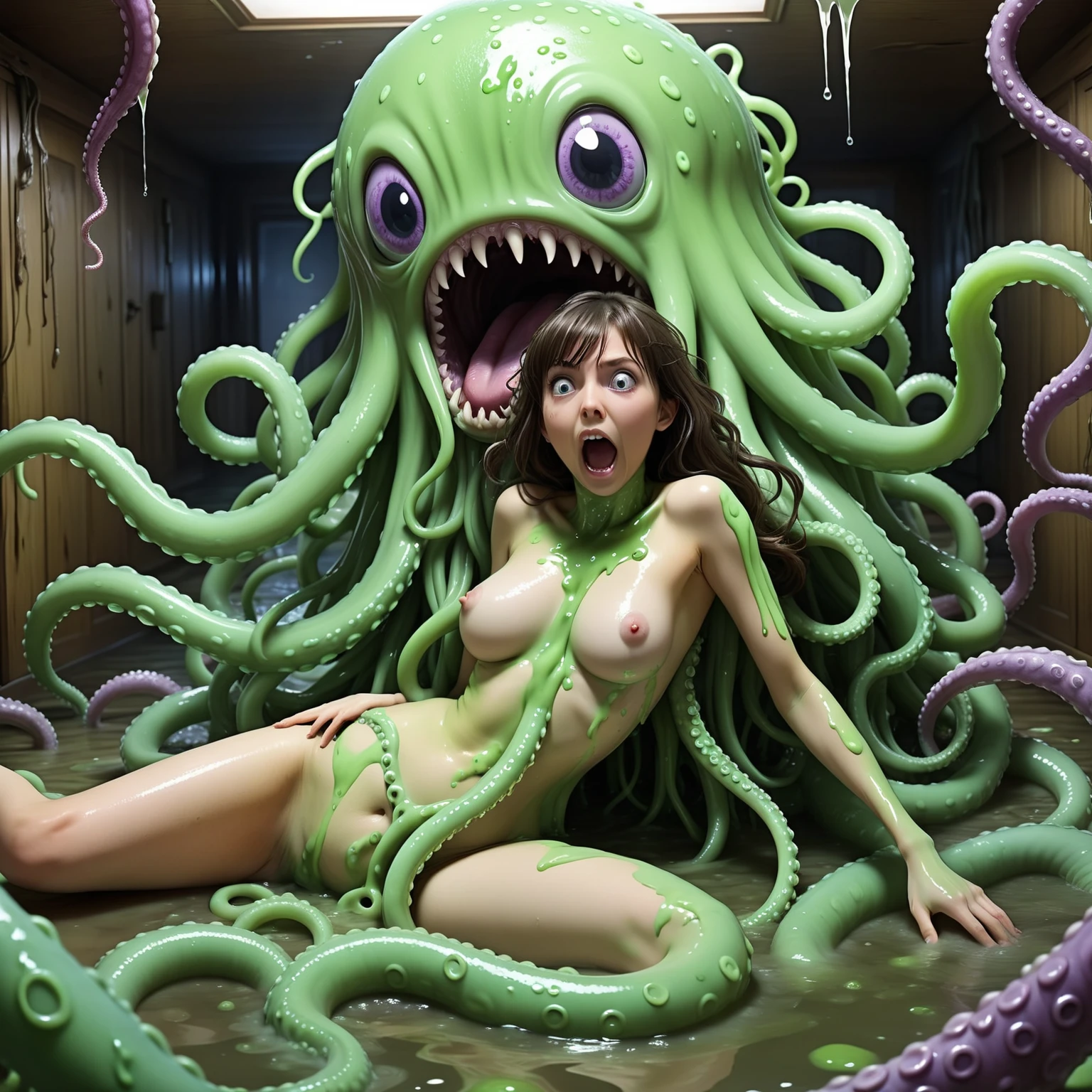 Woman (Sofia Vergara, age 25, nude) showering(cleaning herself using bubbly soap, she is nervous and on the verge of panic, weak in the knees) under cascading metal vines that give way to a lush, tropical garden in a steampunk conservatory. (Several (filth eating tentacle like vines) are forcefully lifting her by the neck while restraining her arms and legs, many tentacles are enthusiastically probing and pushing into her mouth, anus, and vagina as they search and help Sofia get squeaky clean. The tentacles part to reveal a giant toothy plant maw, they are slowly drawing sofia closer to it, the largest warty slimy tentacle ????? is emerging from this maw and heading for Sofia's anus. Multiple penetrations pushing deep and hard, hardcode tentacle sex) Show full body. (show all of her, show her head to toe, full body shown)
