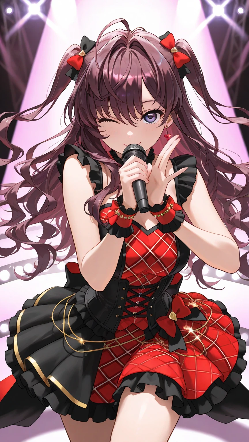 best quality, ultra high res, 1girl, solo focus, ((mini see through dress)), elbow dress, black thighhighs, frills, ribbons, studio background,floating hair, looking at viewer, facing front,
