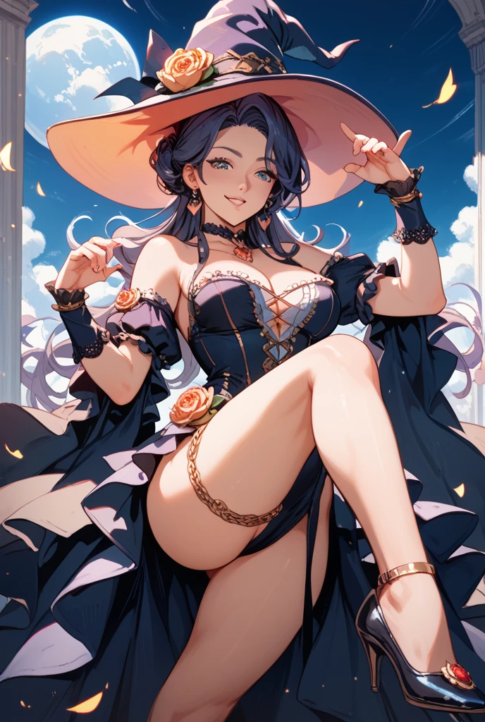 Bright colors，Magic background，loong background，water background，the sky background，1girll，Witch Hat has dragon horns on it，A bodysuit made of stockings，Jumpsuits，Intimate dress，Tightly wrapped，sexy bra，Pantyhose wrap around the hips，sexy underwear，Dress conservatively，Wrap your whole body in clothing，Not exposed，Dragon tail，mistic，abstact，lady，Smiling，inquisitive，ultimate pretty legs，sexy pose，