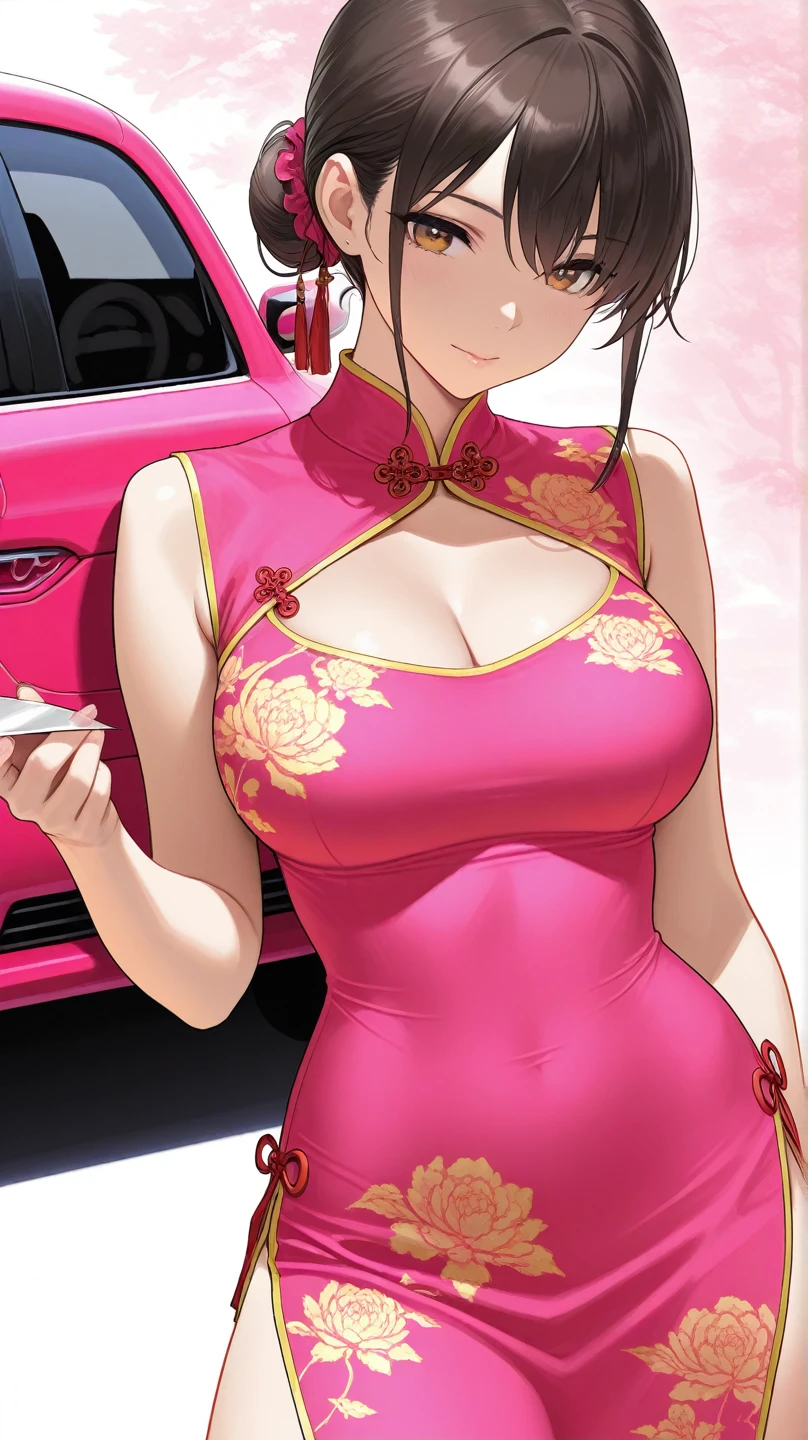 One woman standing solo, from front and side, Event Staff, (???? silk cheongsam), skiny leather hotpants, Mature Woman, (Dark brown hair), Clean ponytail, A gentle blushing smile, ?????????????, cleavage, covered ???????, wearing fishnet pantyhose, Break (sitting near a late-model car), M-shaped spreading legs, putting her hands on the car and sticking her ???? out, (Have a brochure), Break (Motor show indoors), audience, Detailed Background