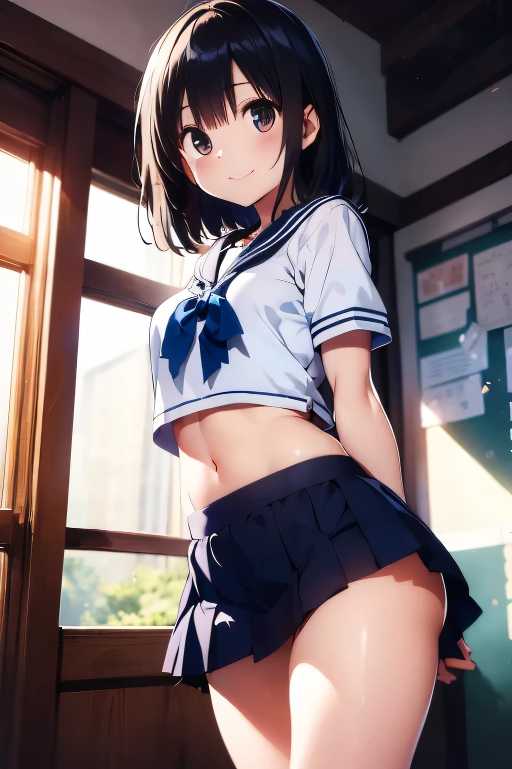 Slightly sideways and below view、Embarrassed､School、Big breasts,、,Cute hair ribbon 、Clear skies、White Sailor Suit、Black mini skirt、through、Her panties are visible through her flipped up skirt、Navy blue hair color、、Mature woman、Open legs and stretch、Embarrassing pose、short hair