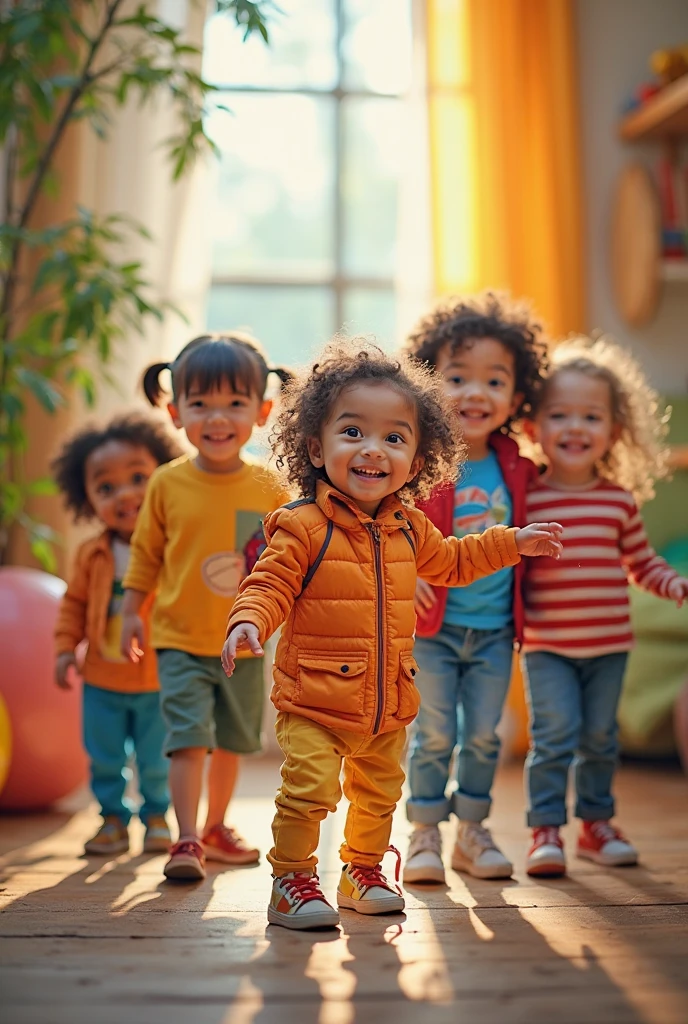 children sitting on a bench with their arms raised, children's , realistic