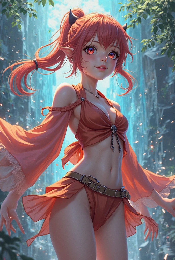 portrait of water mage elf with short orange hair with water dagger, water flows around, bubbles, sparkles. CG Artwork. realistic face, cosmic theme, vibrant colors, nice perspective, perfect face Dynamic, soft