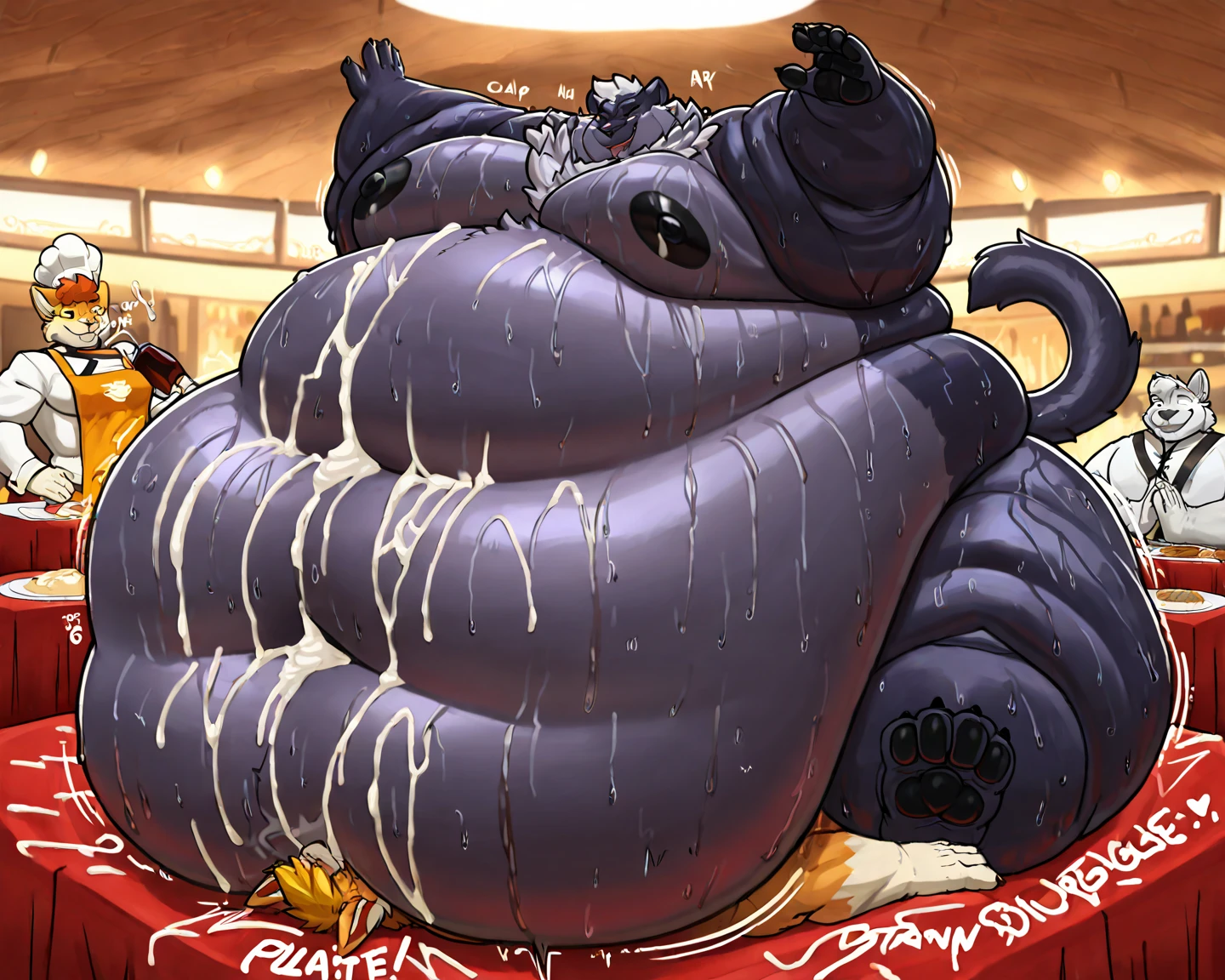 by meesh, by darkgem, 1girl, solo, susie, (large breasts:1.3), dark nipples, (nude:1.6), muscular, chunky, buff, bodybuilder, blush, steam, smiling, (minigirl:1.3), (she is a miniature:1.2), miniature, in food, in bowl, barefoot, soup, ramen, noodles, egg, shrimp tempura, partially submerged, reclining, looking up at viewer, (giant props:1.3), buffet, (giant food:1.5)
