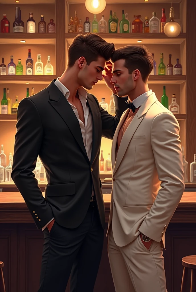 best quality, masterpiece, male focus, males, 20 years old, bar, 2 men, crowded, busy picture, drunk blush, 2 drunk male office workers, kiss, short stubble on face, cheering atmosphere, corporate party