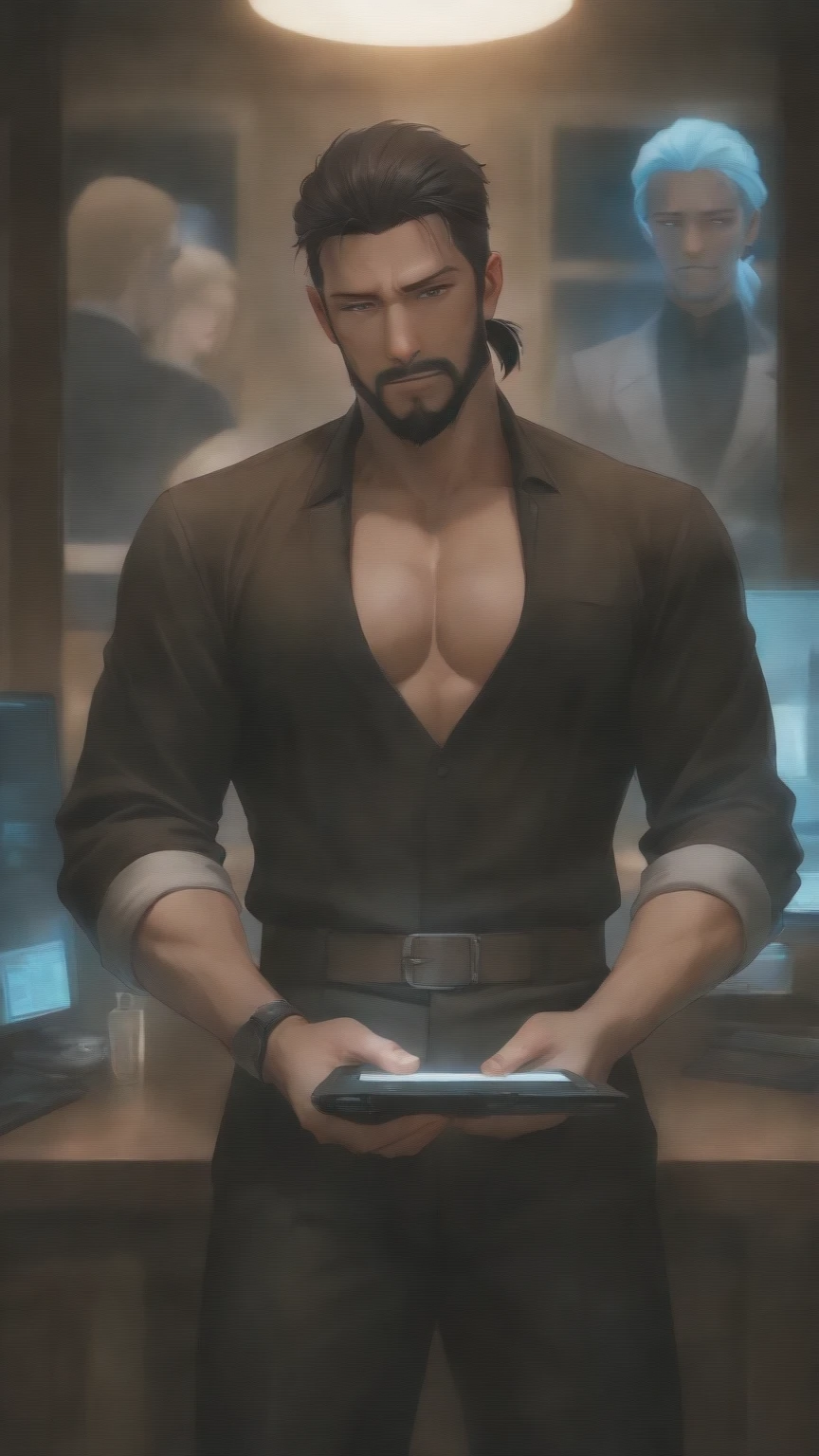 ( (8k:1.27), best quality, masterpiece, ultra highres:1.2, realistic), Photo of masculine man (beautiful:1.1) (sci-fi warrior man:1.1) shirtless, (leather jacket:1.21), masculine, command presence, intricate elegant, fantasy, detailed, ometric by greg rutkowski and alphonse mucha, gradient lighting, gradient lighting, dramatic, soft lighting, film grain, anamorphic depth of field, bokeh, cinematic color, vivid color, render,