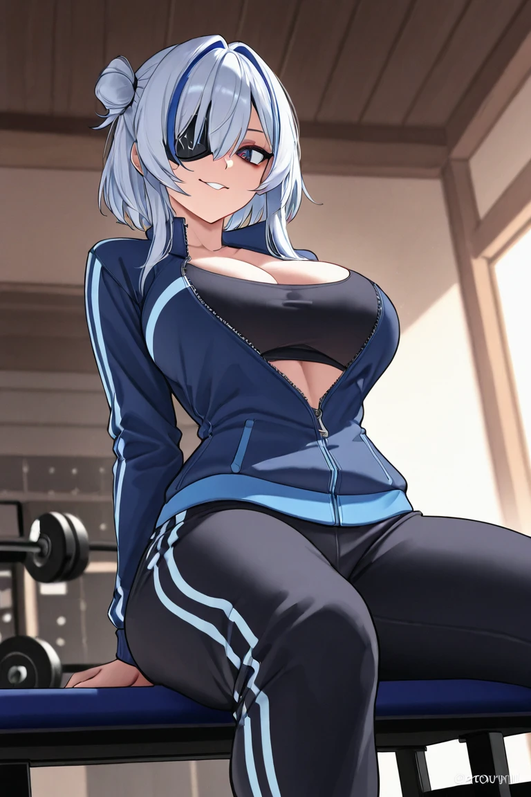 最high quality、Best image quality、masterpiece、With a girl((cute、20-year-old、Best Bust、Medium Bust、Bust 85,Beautiful Blue Eyes、Spread your chest wide,Short silver hair、Slender、The best valley、、Blue short sleeve hoodie、White short skirt,Show the whole body、Black perforated gloves,Blue Mesh,lure、Leaning forward greatly、Blue Sports Sunglasses、Blue Intercom,Sweating profusely)）high quality、Beautiful art、background((Black Studio、Red lighting、blue laser light、Gym)),Tabletop、Exquisite design、Visual Arts、Depth of written boundary、Best lighting、Highest detail、8ｋ