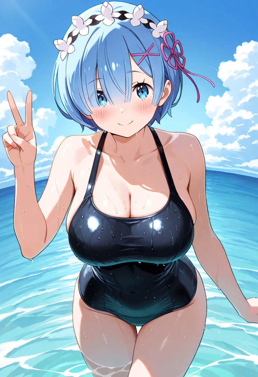 Anime illustration、highest quality、Sandy Beach、Image Video、Voluptuous gravure idol、Perfect proportions、Swimsuit、Overwhelmingly large breasts、Very thick legs、Beautiful, shining eyes、Blushing、smile、Cowboy Shot、Stuffy armpits