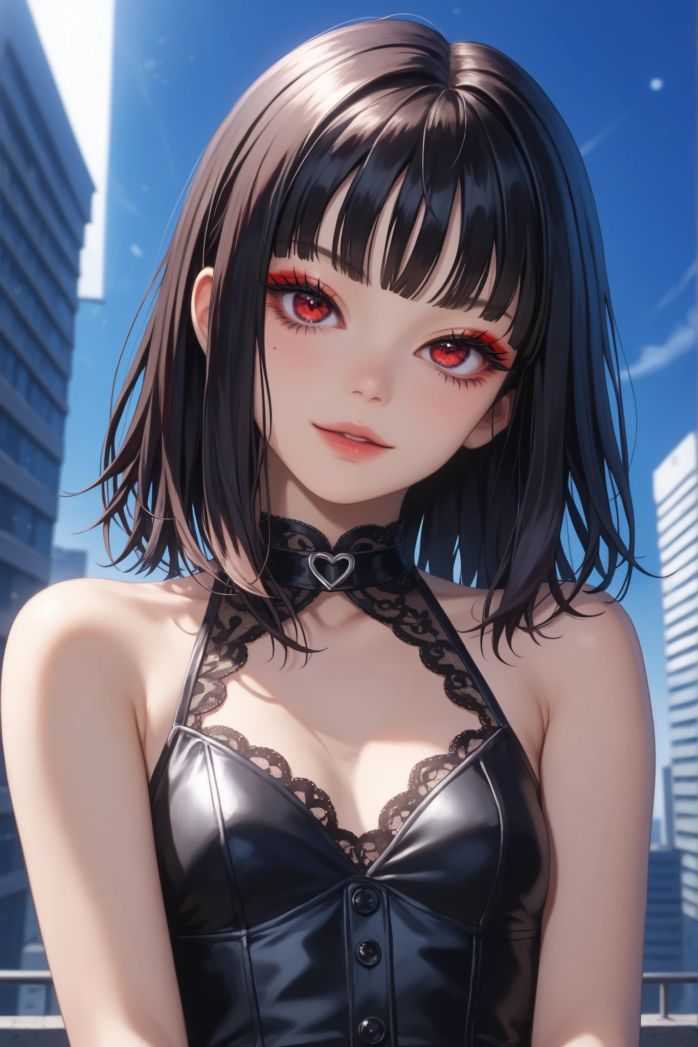anime girl in black school uniform and red tie, best quality, high resolution, very smooth texture, cute and beautiful facial details, long black hair, big red eyes, eye liner, double eyelids, big breasts.