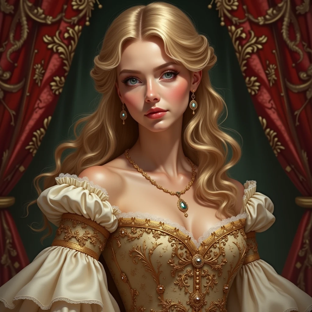 Ver attractive 25 year old with long platinum blonde hair. fIn a medieval setting illuminated by the romantic flicker of candlelight, a group of enchanting women captivate with their alluring presence. (perfect face:1.6), (perfect eyes:1.6), (sfw huge breasts:1.5), (beautiful realistic skin texture:1.6). photorealism, beautiful lighting, volumetric lighting. Pulp adventure style, fluid acrylic, dynamic gradients, vivid color, highly detailed vector curves, simple, smooth and clean Johan Greiner character design. Standing confidently, they wear ornate Victorian corsets in striking duotone hues of red and black, each intricately adorned with delicate patterns. Their hourglass figures are accentuated by the curve-hugging attire, while their bare legs disappear into the shadows, leaving their elegance to the imagination. Adorned with rare gemstone jewelry, their graceful necks shimmer with diamond necklaces, and their ears sparkle with exquisite earrings crafted from silver and gold. With seductive smiles and cascading waves of long hair, they exude a magnetic allure, their surreal eyes sparkling with a mesmerizing brightness that hints at untold mysteries. Against the warm, dreamy lighting of the scene, their flawless skin glows with a beautiful, realistic texture, enhancing their already perfect features. In this surreal and captivating tableau, the women embody timeless beauty and feminine charm, evoking a sense of intrigue and fascination.