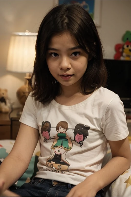 1girl, 7 years old, pouting, soft shirt, no pants