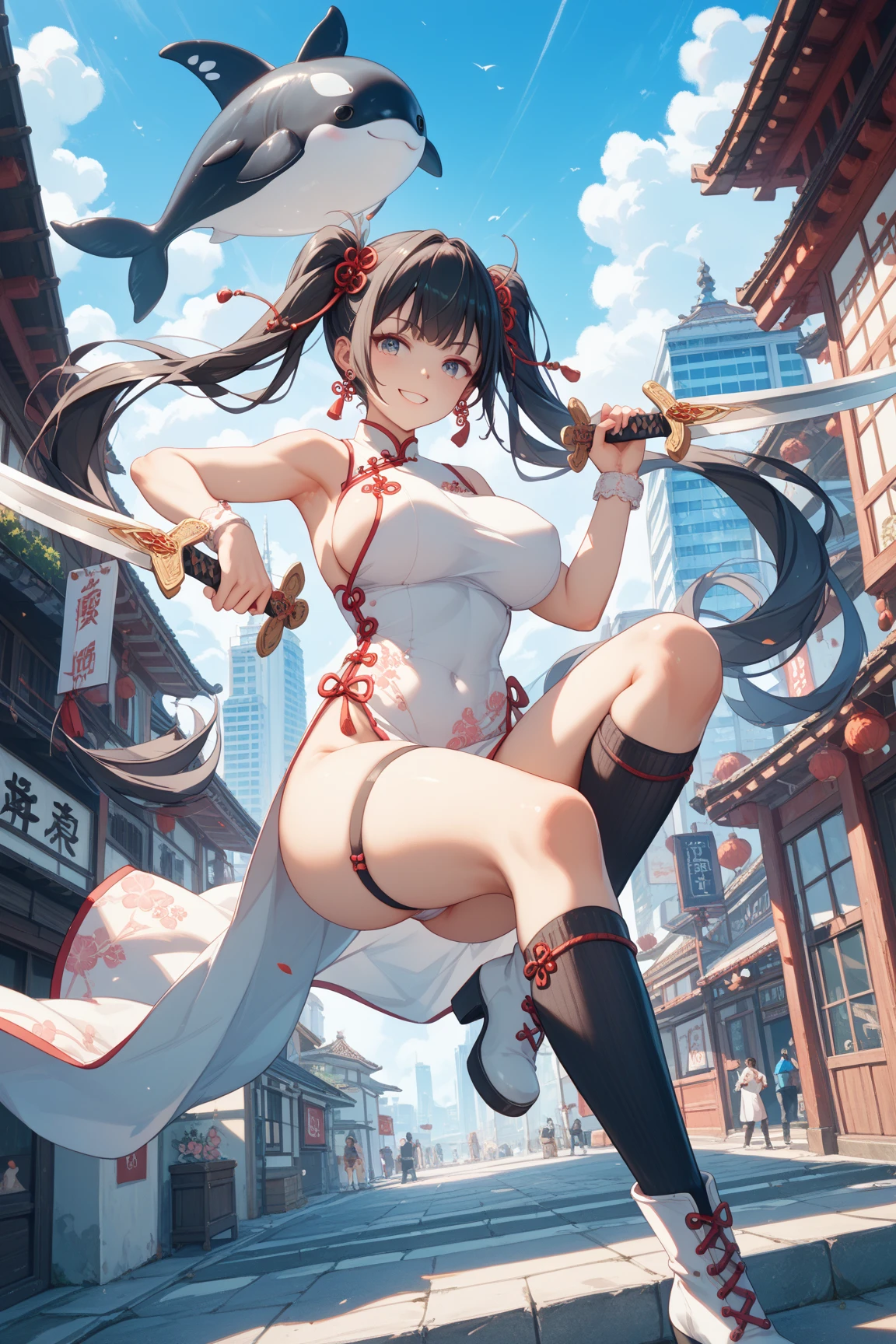 Beautiful woman、 ((Open Finger Gloves, Five Fingers)), (((Women's Mixed Martial Arts, Martial Arts)))、Fighter、和服のFighter、Brown Skin、Rin々Funny face、Fighting Pose、China dress、smile