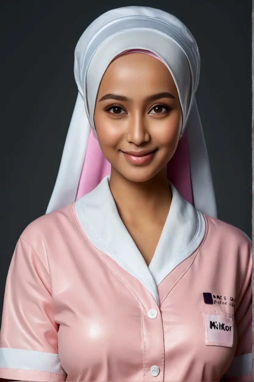 Beautiful matur malay girl, modern pastel hijab, ((big breasts)),shy, medium portrait, watery eyes、White nurse uniform、Nurse's white tight skirt ((Slimed、Petite))、Wearing a pink cardigan Have medical records A smile Photorealsitic、a picture、masterpiece、reallistic、Reality、photorealisim、High contrast、Photorealistic Art Station Trend Digital Art 8k HD High Resolution Explanation Real, detaileds, Skin Texture, Ultra-detail, realistic skin textures, armature, top-quality, 超A high resolution, (Photorealsitic:1.4),, hight resolution, detaileds, Raw foto, Sharp Re, Nikon D850 Film Stock Photo by Lee Jefferies 4 Kodak Portra 400 Camera F1.6 lenses rich colors hyper realistic lifelike textures dramatic lighting unreal engine artstation trends synestil 800,5Precision details of beautiful hands with fingers