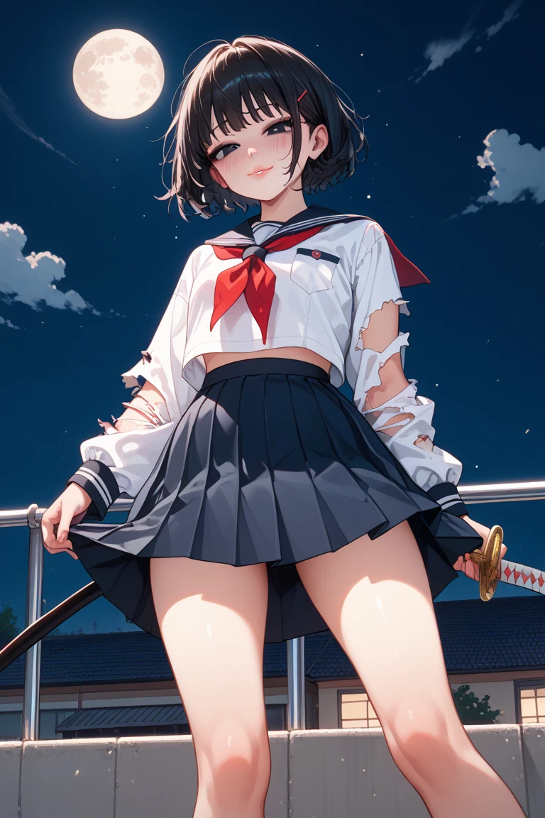 (巨作: 1.3),(Best Quality:1.4),Super High Resolution,(detailled eyes),(detailed facial features),(detailed clothes features),hdr,8k resolution, Focus on the ground, explosions, Tight skin, (glowing skin ),(slender girl),dreamlike, (extremely detailed illustration),Check the comments,Ask for feedback,vista,no text, VirtualGirl-Rin, happy, smile, (small breasts), explosions, bob hair, short hair hair, brown-haired, Brown eyes, black choker, 1girl, Student, High School, white high school uniform, sailor suit, dark red pleated skirt, tights, sneakers, Short skirt, red panty,