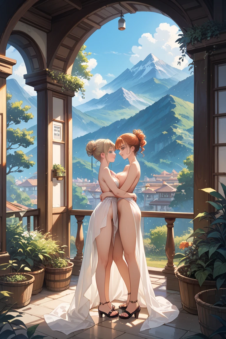 nami characters, posing sexy, completely naked, sunset, mountains in the distance