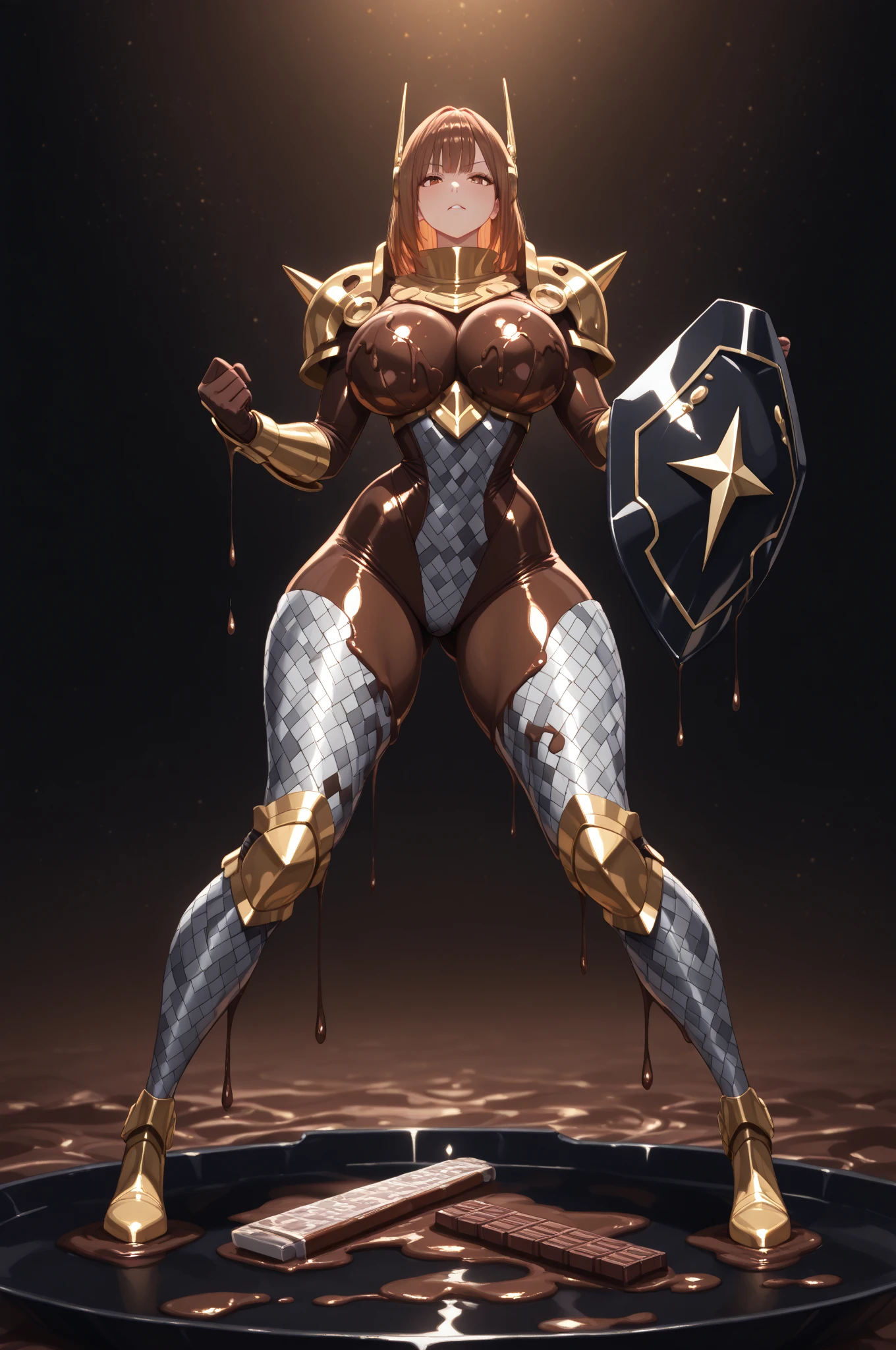 woman, bobcut, blondehair, ((black skin:1.4)), adorned in medieval armor, twerking, metal muscles, emanating a medieval elegance and marvel, armor pump boots, chrome bra, chrome silver tiara, small armband, (shoulder armor), gauntlets, ((armored bikini:1.4)), sword, shield, exposed midriff, (puffy lips:1.3), detailed eyes, ((slendered abs )),(((gigantic breasts:1.5))), wide hips, (puffy lips:1.5), slender abs,rim lighting, side light, cinematic light, ultra high definition, 8k, film grain,best shadow, light particles, detailed skin texture, detailed gem armor texture, detailed face, intricate details, super detailed, bright, spiked heel boots