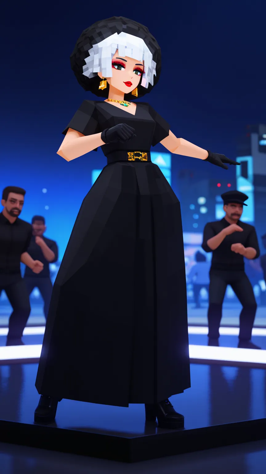, beautiful girl with fair skin, black hair, black eyes, wearing a lustrous black dress that highlights her wide hips, wide shoulders, and big breasts, cleavage, and big ass. She is wearing open-toe heels with red painted toenails and nails. She is a tall girl standing in a crowd, with an ethereal, score_10, ballad-like atmosphere, in a 2.5D style.