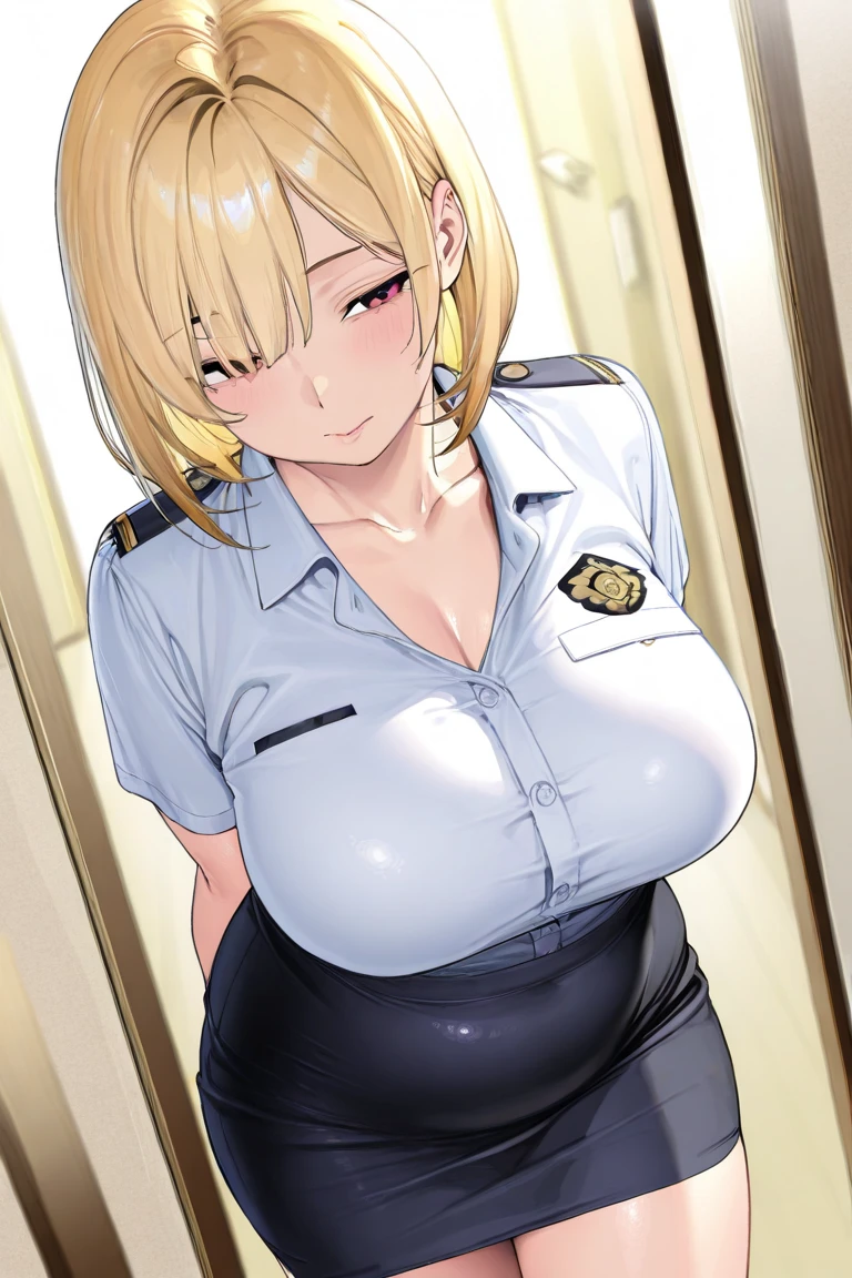 masterpiece、Highest quality、Best image quality、High resolution、Big Breasts、Prison Officer、prison、Blonde、Wearing white clothes