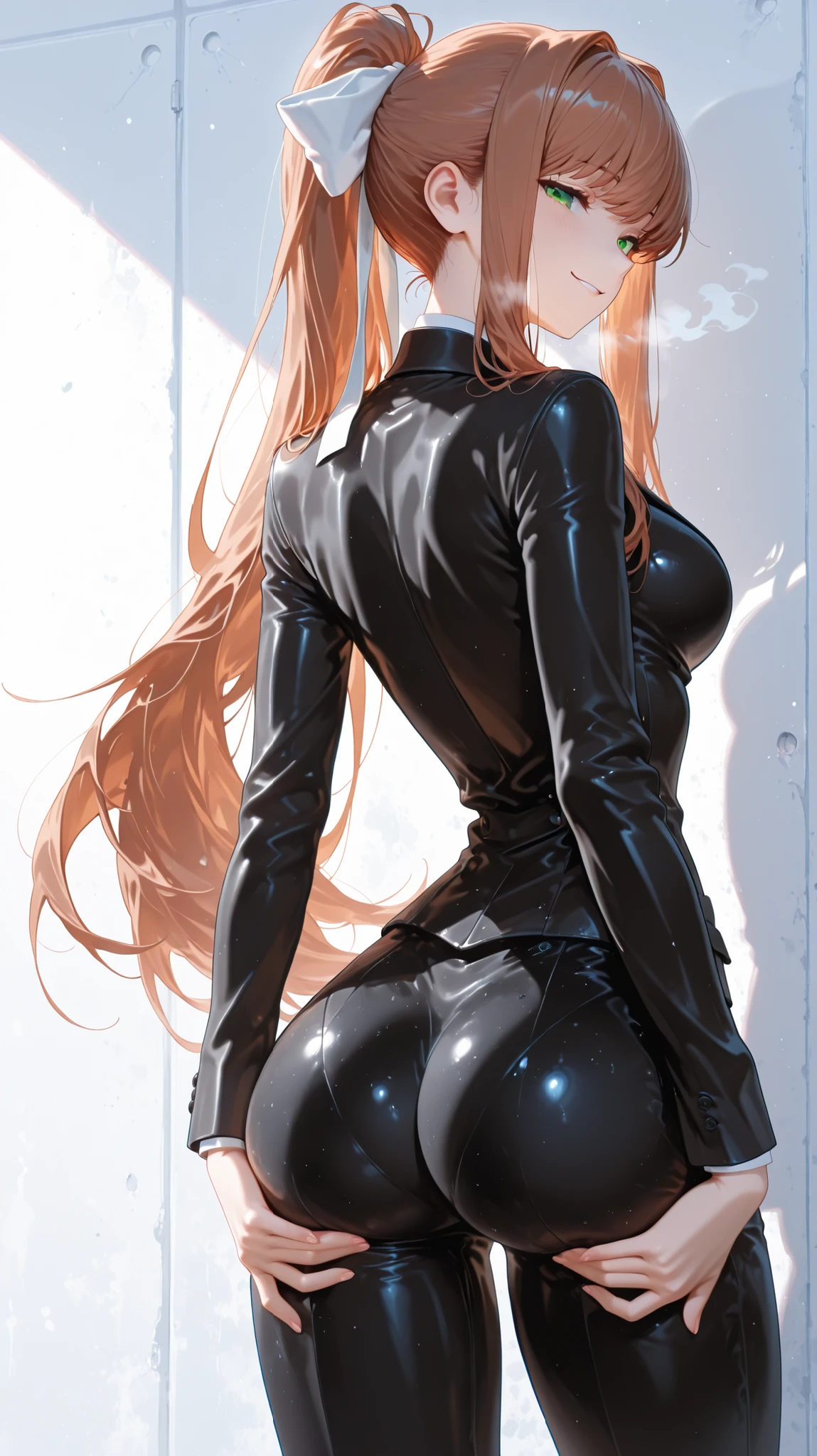 anime girl, naked back, black dress, black carpet dress, red hair, standing with back, looking back, masterpiece, unsharp, 8k resolution, naked back, attractive, sharp jawline, feminine face, attractive slim hands, attractive body, attractive face, attractive hands, yellow eyes, makima, best quality, yakima anime girl, proud attractive face, sexy ass, big butt, detailed hair, detailed hair, Create a detailed description of Makima from 'Chainsaw Man': She has a striking appearance with long, red hair flowing down her back. Her eyes are a piercing shade of yellow, adding to her allure and hinting at hidden depths. Makima's presence is undeniably attractive, exuding a mix of elegance and a subtle, commanding aura. She is wearing black carpet dress with a naked back, black carpet dress with naked back, highlighting her graceful posture and adding to her enigmatic allure