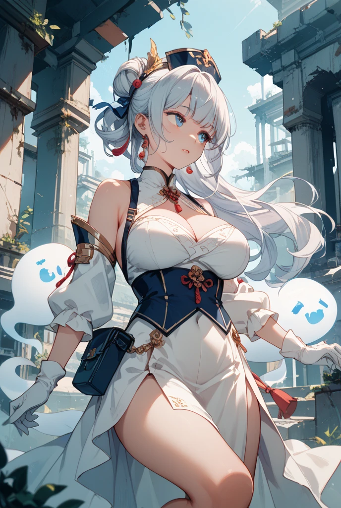 1 woman, 30 years old, wearing a classic , red tie, white semi-transparent shirt, black bra, extremely short red miniskirt, thick thighs, big green eyes, long and defined eyelashes, radiant smile, red cheeks, bluish-white hair with silver reflections, creamy white skin, mature body, thick thighs, wide hips, extremely large breasts, highly detailed, intricate details, extremely sharp, HDR, studio lighting, dramatic lighting, photorealistic, Joe madureira style