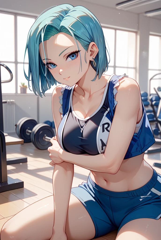 aqua hair, medium hair, blue eyes,sport (top tank,shorts),squat