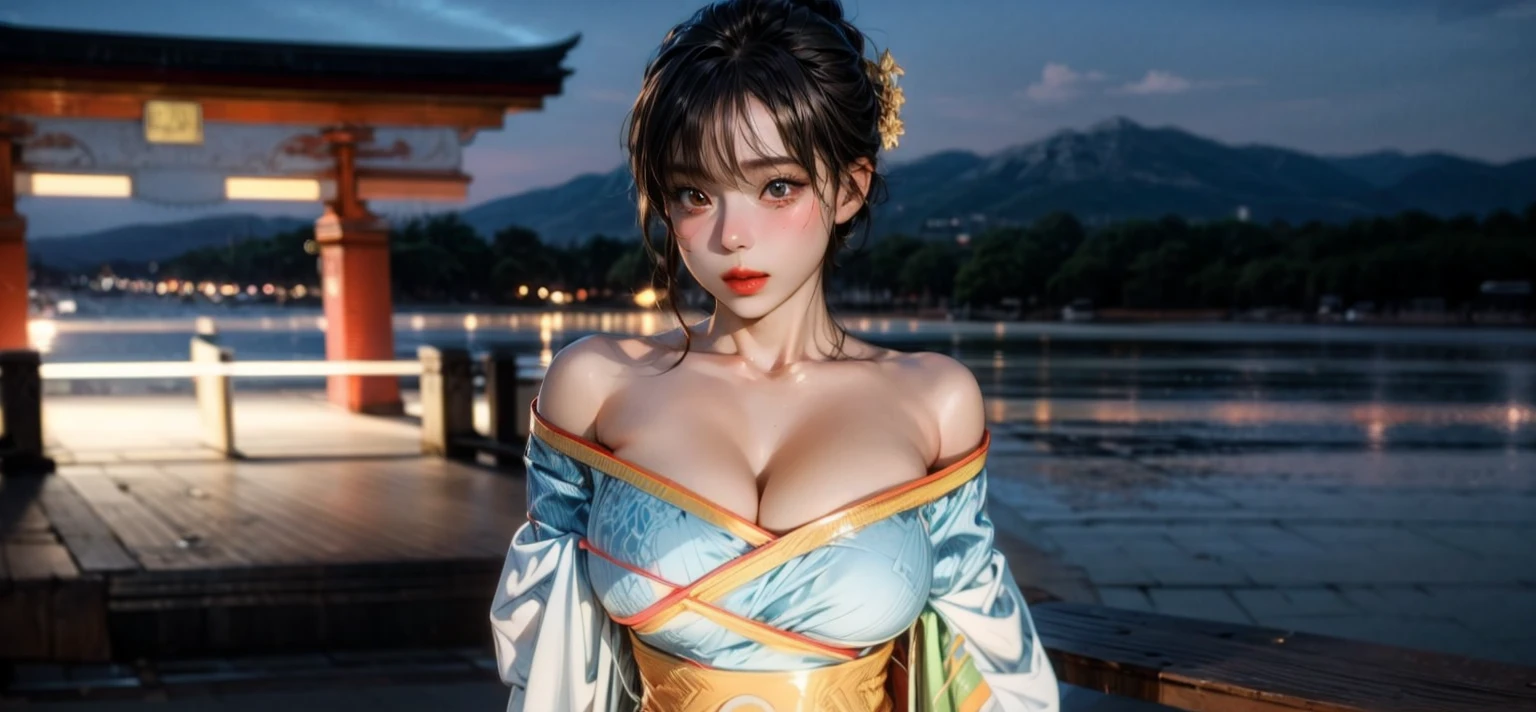 (top-quality、8K、​masterpiece)、(The best illustrations)、extremely delicate and beautiful、Unity、Amazingly fine detail、超A high resolution、extra detailed face、Superbly detailed eyes、(Best Shadows:1.1)、(photo realistic1.3)、Realistic facial proportions、a handsome female、独奏、(Colossal tits:1.3)、Slimed、smiling at the viewer、(Furisode:1.2)、(makeups:0.4)、dark brown hair、a short bob、(irregular skin imperfections、vein、Wrinkled pores on the skin:1.1)、(bokeh dof:1.4)、Full body post:1.2、Sunnyday
