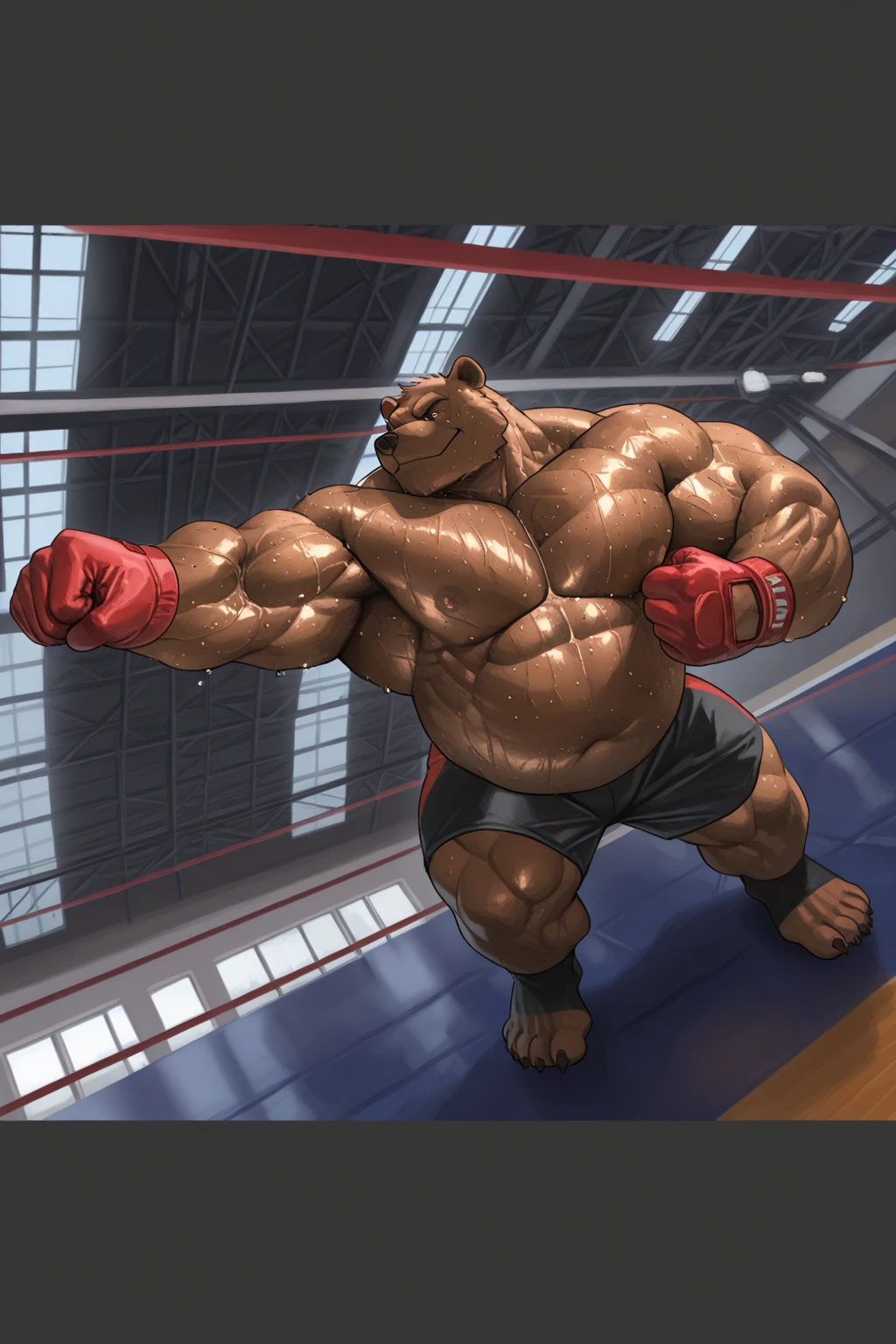 (best quality, 4k, highres, masterpiece:1.2), 1bear, 1boy, ultra-detailed, fury, furry art (realistic, photorealistic, photo-realistic:1.37), massive muscular, huge muscular, chubby Grizzly bear, working out, incline bench press, workout in the gym, pumping his huge pectoral muscles, straining, sweating, black shorts and black wristbands, lifting heaviest weight, barbells, gym equipments, brown hair, thick brown fur, super thick arms, super big pectoral, super wide hairy pectoral, topless, shirtless, eyebrows, impressive brown beard, strong jawline, kind eyes, strong arms, proud posture, well-built physique, professional lighting and backdrop, intense shadows, vibrant colors, dramatic composition, gritty texture, vintage aesthetic, dynamic perspective. Add textures and details to make the image more realistic, such as the appearance of the body built muscles texture and the appearance of the brown fur, pumping up Bench Press 500lbs raw paused x2 405x10 paused of swollen muscles