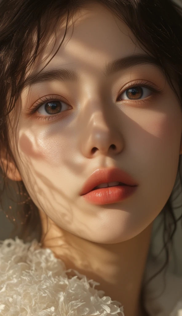 ExtremelyDetailed Kawaii girl Face,(Close-up Sweet lips), glossy lips with beautiful details, Coquettish tongue, Kissing to camera, towards the viewer, 8K TopQuality masterpiece,an extremely delicate and beautiful (ProfessionalPhoto:1.37), {Amazing|finely detail|official art|incredibly absurdres},ultra-detailed close-up shot, close up, (fish eye lens), wide lens, macro lens, Detailed reflective Eyes ElaboratePupils with (sparkling highlights:1.28) (Delicate Voluminous LongEyelashes:0.88), {(Tilted face:1.22)|Visible back of throat|saliva drips|naked shoulder}, (Dripping juice on tongue:1.23) snow particles