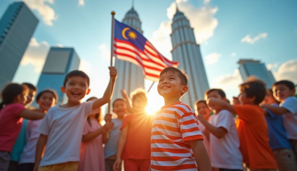 Malaysia National Day sunset child holding national flag