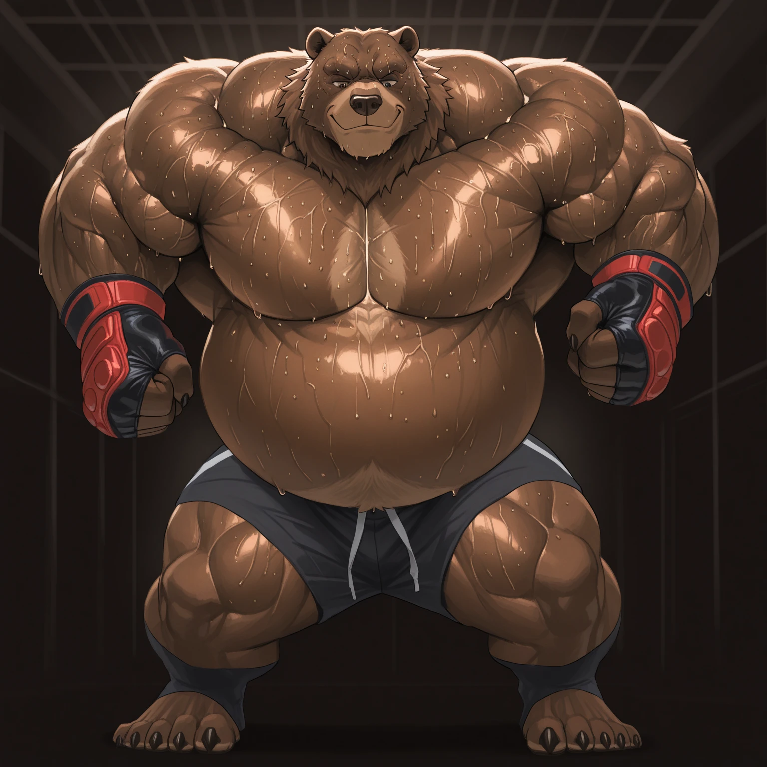 huge muscular kodiak brown bear in big gym fitness center, big grunting, kodiak bear, huge brown fur, thick arm, huge arm, veins all over arms and chests, bald, big brown mustache and beard, (muscular, pectoral, wide pectoral, thick arms), HEIGHT: 220CM, WEIGHT: 320KG, gym sets, workout equipments, ring, punching bag, realistic, 8k, masterpiece, added cinnamon colored eyebrows, deatiled eyes with red pupils, (wearing black mixed martial arts shorts with red slits, black mixed martial artfingerless gloves with red pads, black footwear tapes, shirtless and topless), punching,