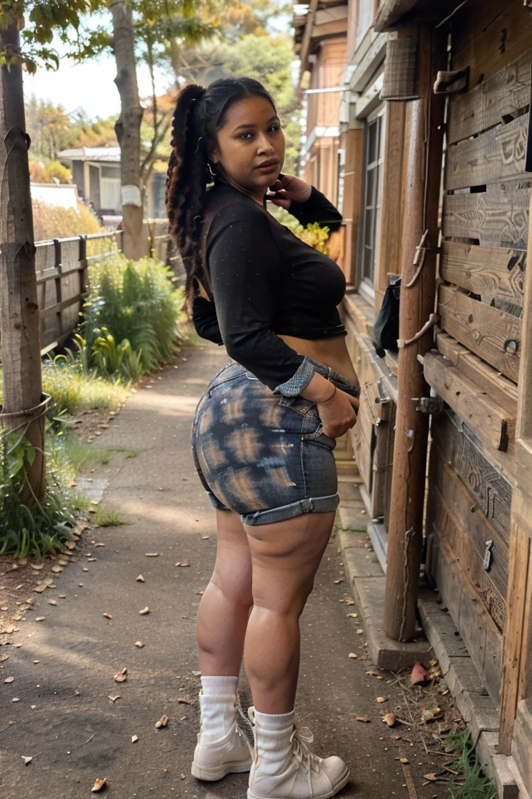 african, black skin, teen, teenager, curvy, voluptuous, tall, long legs, wide hips, thick thighs, slim waist, small breasts, small , round butt, big butt, shorts, tank top, Prague street