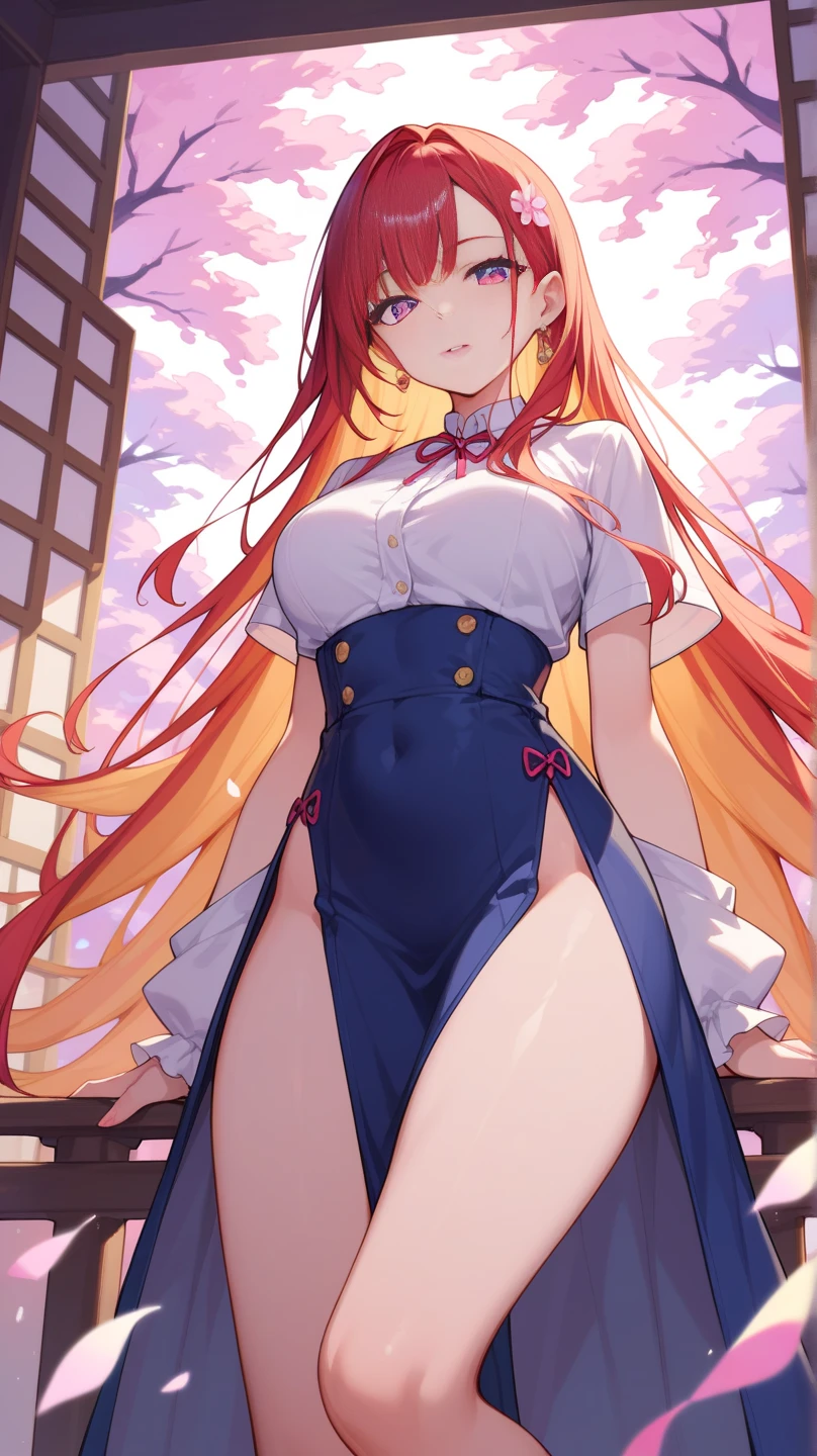 (masutepiece),(Best Quality), Asuka Langley Soryu,Blue eyes,hair between eye,headware,Interface headset,Orange hair,Red Ribbon、bow ribbon、校服、skirt by the、、Tokyo No. 3 Middle School Uniforms 、Colossal tits,Seductive underwear、Solo, (Curve:1.1), looking down to viewer, Smile on his face, ((From below:1.5)) Looks Back, ((Leaning forward)), seen from back, Long hair, lip stick, makeup, Ultra Detail Hair, ultra detail face, (Purple eyes:1.05), Perfect eyes, Perfect face, earrings, (Confused, blush:1.2), , (black thighhighs, Garter Belt:1.1), zettai ryouiki, , high-heels, (Large breasts:1.1), cleavage, Big ass, thighs thighs thighs thighs, Show panties, ((From the hem of the rolled up skirt to the crotch))