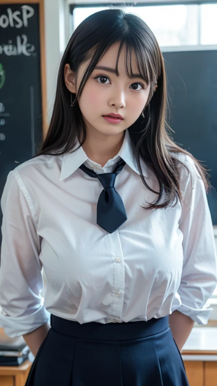 absurdres, RAW photo, extremely delicate and beautiful, masterpiece, Best Quality, ultra high resolution, 16k, hyperrealistic, ultra-detailed, perfect anatomy, super Detailed skin, perfect figure, Very detailed CG 8k wallpaper, in her 20s, very Slim body, narrow waist, very small head, very small face, delicate facial features, tearful mole, earring, thin legs, (very huge round breasts), full body shot, short hair, (wavy hair), (light brown hair), (wet clothes), ((school uniform)), (blazer),