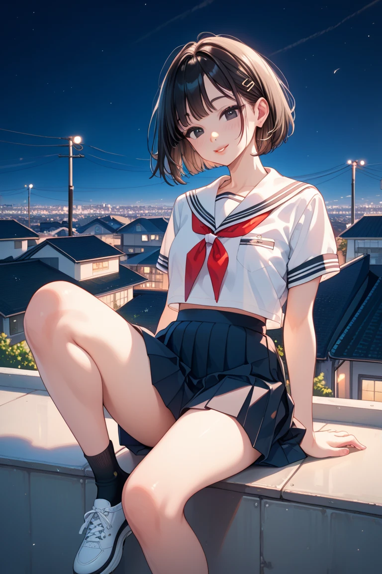 closed mouth,Embarrassed,smile,Very detailed, CG, 8k wallpaper, wonderful,Highest qualityな太もも,(masterpiece:1.5, Highest quality), (Depth of written boundary), Dynamic posture,pastel colour,narrow angle,night,Sailor suit,Red tie,High quality white panties,I'm on my knees,Sit on a park bench at night,fat,Sigh,sneakers, {{beautiful middle size breasts 1:4}},Pleated skirt,Photoreal 1;4,brown hair,full body ,portrait1;4, high quality panties,{{schoolgirl}},top quality,cute girl,high quality background, slanted eyes, detailed shirt chest wrinkles,BREAK, {{beautiful blue eye1:4}}, Accurate 5 fingers