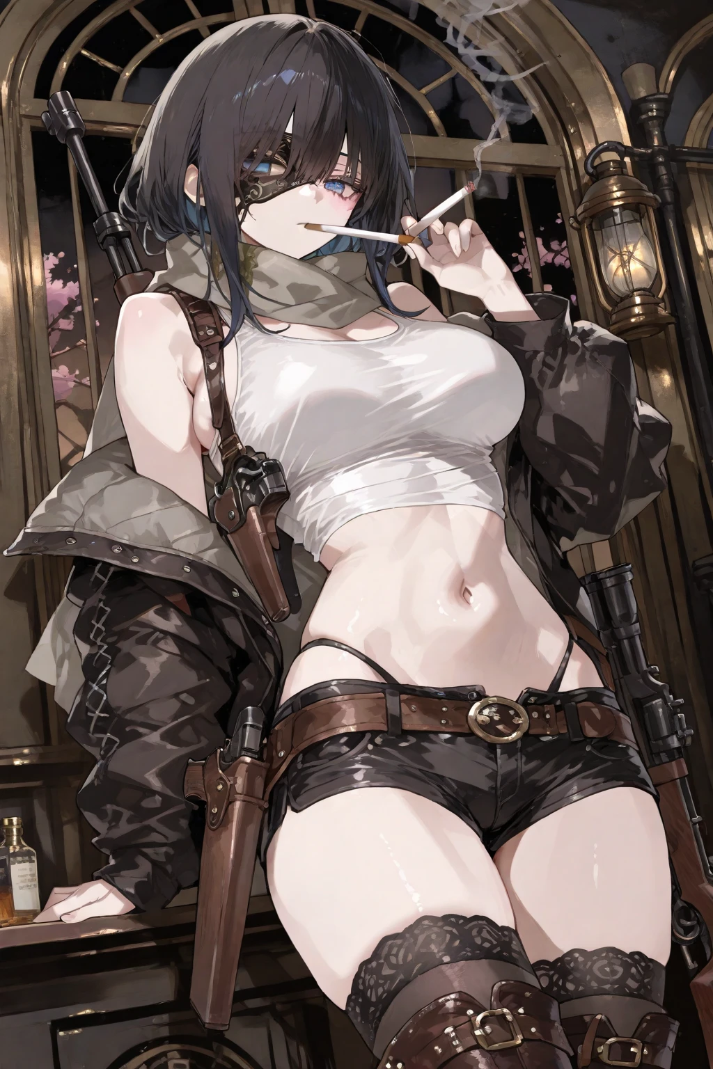 a matured woman with long black hair and a white outfit, (at a rock place in a desert:1.5), (standing in oasis:1.2, holding metal water bottles:1.3, standing:1.3, with cross-legged:1.3, with lifting arms, in front of Arabic ruins:1.2), Arabic, (Post apocalyptic:0.2), from arknights, artwork in the style of guweiz, bodyesbian, fine details. girls frontline, beautiful anime illustration, from girls frontline, by Yang J, stunning, 26 years old, (milf:1.3), (solo:1.5), (sfw:1.25), sagging breast, fuge breasts, big tits, thin waist, big ass, Raised sexy, (dark mahogany medium short hair, updo, hair over one eye, asymmetric hair, Carly hair, low tied braids),(musulman, white Headscarfs, hair bands, head vandage, Turban), (ultra high resolution, 8K RAW photo, photo realistics, thin outline:1.3, clear focus), best qualtiy, natural lighting, textile shading, blurry back ground, field depth, bokeh, (Bright pupils, fine detailed beautiful eyes with highlight:1.3, high detailed face), Red lip, looking at viewers:1.3, (dynamic angle:1.2, front view:1.2, breast focus:1.3, from below:1.1), dynamic posing, (sexy posing:1.2, leaning forward), seductive smiling:1.3, center image, (wearing white long jacket and clothes, wearing white robes:1.2, ((bare breast:1.37)), platinum ornaments, white clothes rolling around waist, camel-brown long leather boots:1.3, translucent lace pantyhose), ((correct anatomy:1.5)), ((outdoor:1.2, in a night:1.3)),