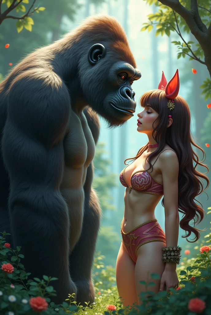 score_9, score_8_up, score_7_up, score_6_up, score_5_up, powerful gorilla, holding unconscious girl, red hair, green eyes, in arms, dense forest, dramatic, detailed, realistic, dynamic pose, high detail, natural lighting, serene, vibrant colors, BREAK, source_anime, rating_safe