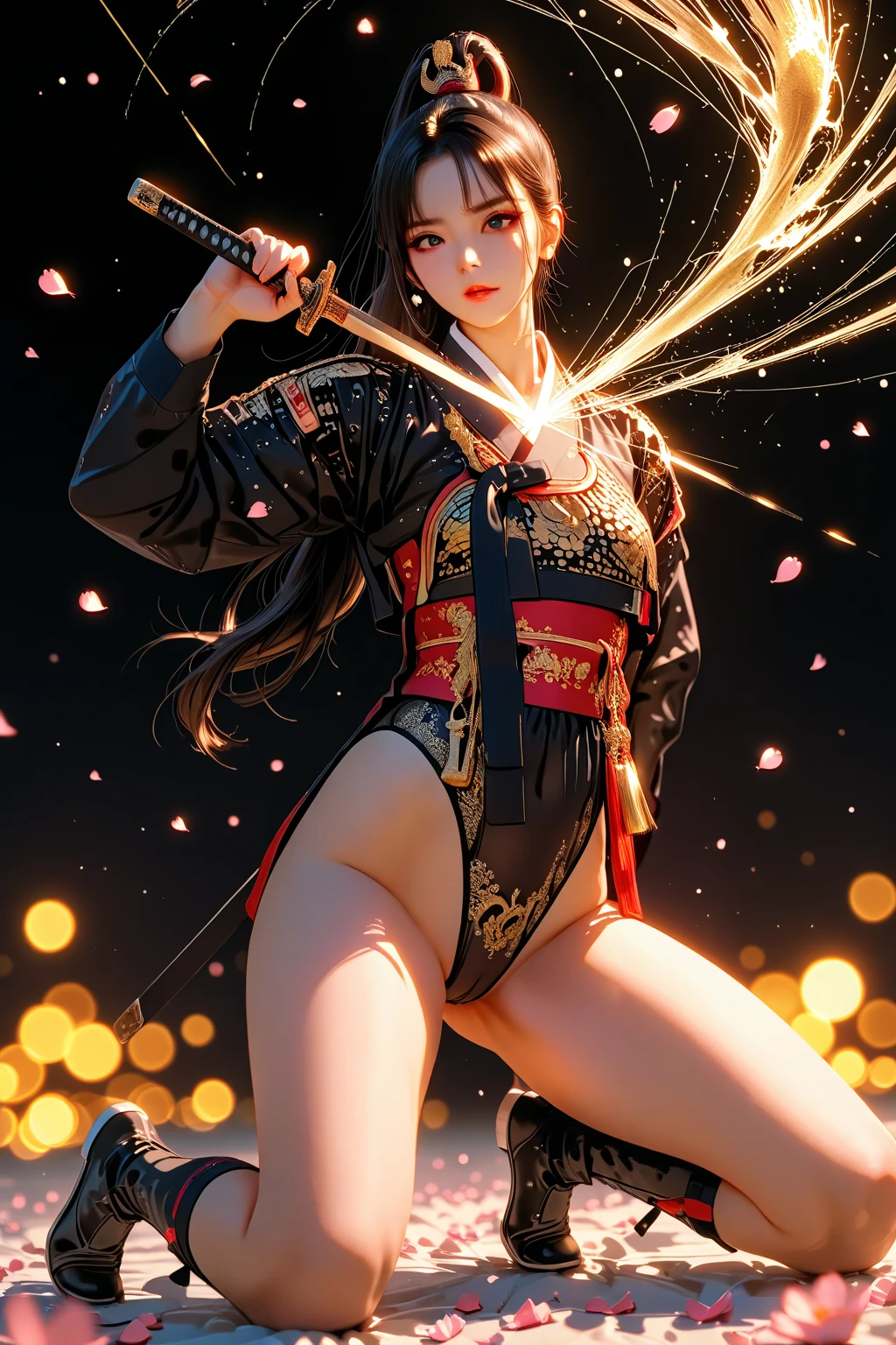 ((World of Darkness)),Professional , ​masterpiece、top-quality、photos realistic , depth of fields 、（Maiko's hairstyle）、(Background of cherry blossoms in full bloom),（Ultimate Beauty）、Red-haired、（Fight ninjas)、（Kimono with beautiful pattern）、（Night background）、（（a dark night））,(Wear a beautiful kimono),（Wear a beautiful kimono with colorful floral patterns）、Jewel Gold Weapon、Particles of light),（Has a devil's mask）、Gorgeous gold weapons ,（（ Gorgeous Dragon Sword）） , （a dark night）,,（maikurobikini） 、（（Black Haired Beautiful Girl））、（Castle background）、（demonic wings）、（（Gangle's forest background））、Beautiful Caucasian beauty、１a person、dynamic ungle,(((Two devil's horns on the head)))、Smaller head、Idle Smile、Thin and beautiful female hands、Mystical expression、Light Effects、intense fighting、Wind-effect、magic circles、With the legendary magic wand、Dragon's tail、Anatomically correct body、