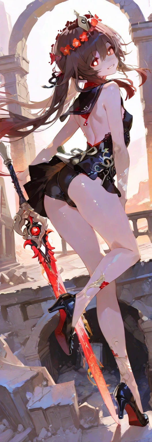 Girl, Navel exposed, Wear calf-length socks and boots, Holding a sword, Being attacked by enemies, He closes his eyes in pain and cries