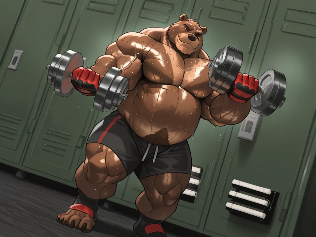 human nature, cannon, male, solitary, ((the strong,Handsome)), (grizzly bear), Chibo,Six-pack abs,(gym Background), ((cable crossover machine:1.3)),black shorts,Sweat:1.3,White Socks,high quality, (4k,high quality, high resolution, masterpiece), Front view (close up), cartoon,by lindong