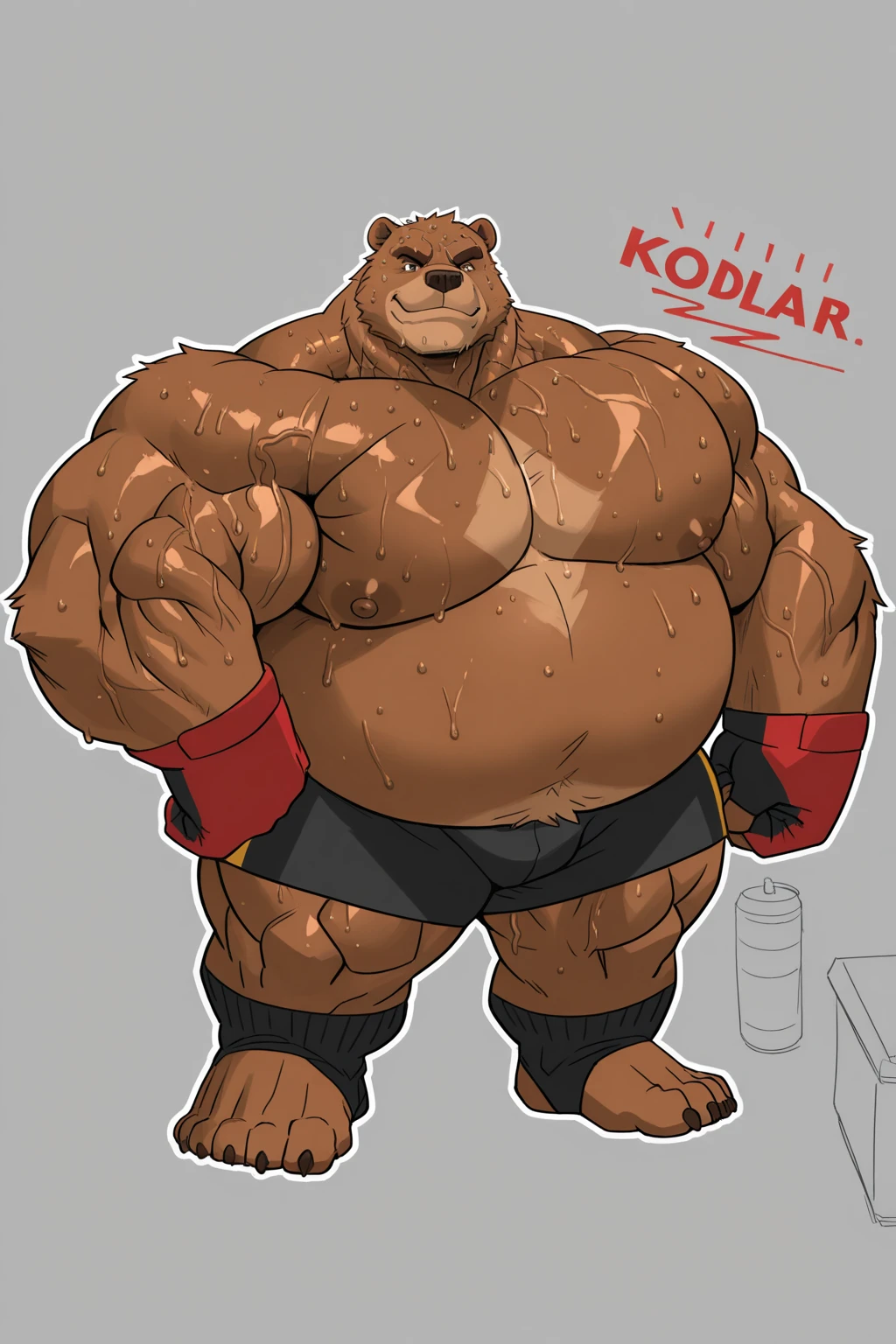 solo, 1boy, Huge Muscular Old Grizzly Bear wearing kickboxing MMA belt , thick pectoral, thick arms, huge pectoral, wide pectoral, hige brown fur, short white hair, Kickboxing MMA shorts, kickboxing MMA gloves, Kickboxing MMA Footwear 5 toes and shirtless, bearded, Kickboxing Martial Arts Cage Tournament background, masterpiece, semirealistic:1.2, high detailed, 8k, high resolution, flexes his biceps